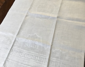 Linen Damask Towel Chicago Hotel LaSalle Greek Key Border Large 25 x 34 inches Vintage 1960's Off White Linen Towel