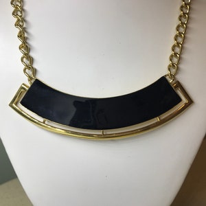 Monet Choker Necklace Black Enamel Curved Bar Panel w/ Openwork Gold Frame Pendant Vintage 1980's Fashion Gold Curb Chain Necklace 18 inches image 7