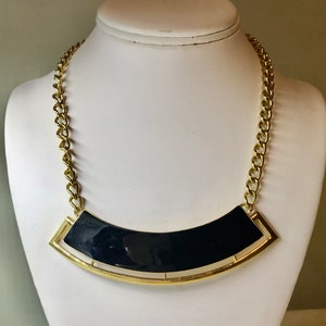 Monet Choker Necklace Black Enamel Curved Bar Panel w/ Openwork Gold Frame Pendant Vintage 1980's Fashion Gold Curb Chain Necklace 18 inches image 10