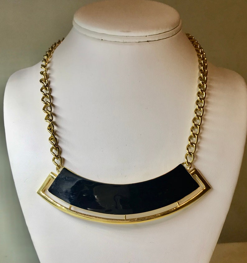 Monet Choker Necklace Black Enamel Curved Bar Panel w/ Openwork Gold Frame Pendant Vintage 1980's Fashion Gold Curb Chain Necklace 18 inches image 10