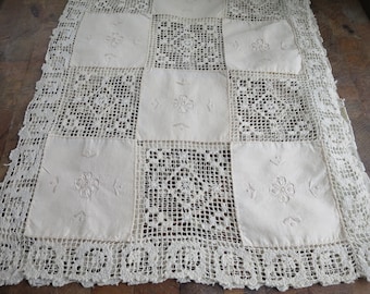 Lace Runner Doilies 1 Pr. Square Machine Lace alternates w/ Linen Flower Embroidery Squares Lace Border 16 x 42 inches Ecru Off White Color