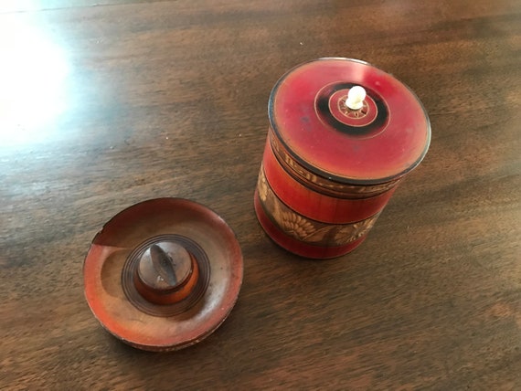round cigarette case Vintage Volterra Alabaster with Brass - Hand-Carved Tuscan Box Carved Wood Smoking Set Round