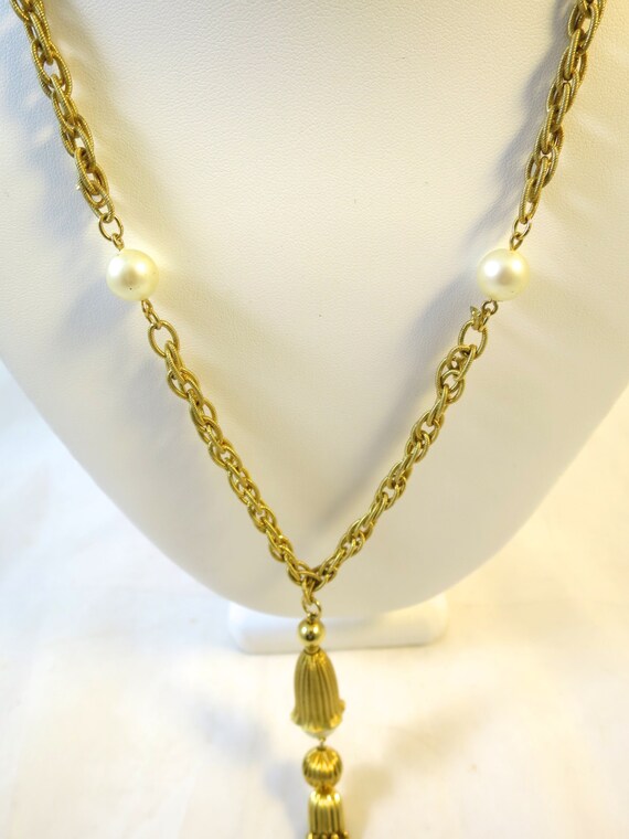 Gold Tassel Necklace Pearl Drop Pendant w/ Chain … - image 5