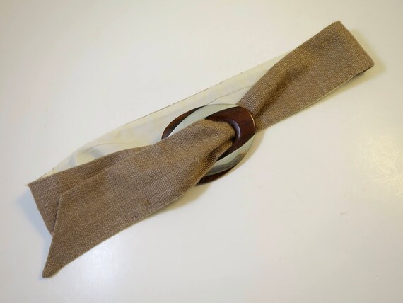 Taupe Brown Silk Cinch Belt Oval Silver Stripe Wo… - image 5