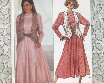 Dress/Vest Pattern Semi-Fitted Blouson Bodice Flared Skirt Lined Vest w/wo Collar Elastic Waist Vintage 1989 Butterick Size 12-14-16 UNCUT