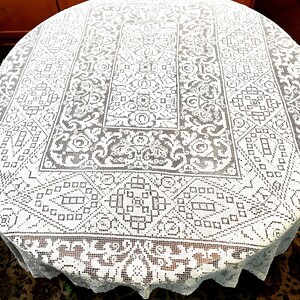 66" White Lace Tablecloth Rectangular Reversible Heavy Linen Cotton Machine Woven 4 Lace Bands Vintage 1950's 66 x 52 inches image 2