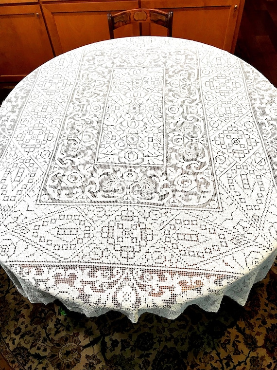 66" White Lace Tablecloth Rectangular Reversible Heavy Linen Cotton Machine Woven 4 Lace Bands Vintage 1950's 66 x 52 inches