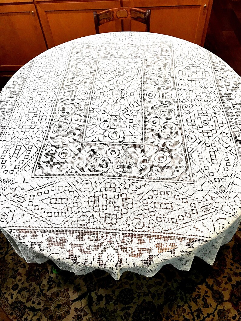 66" White Lace Tablecloth Rectangular Reversible Heavy Linen Cotton Machine Woven 4 Lace Bands Vintage 1950's 66 x 52 inches image 2