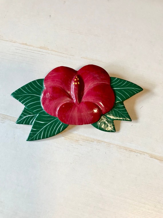 Big Bold Red Flower Brooch Painted Wood Large Hibi