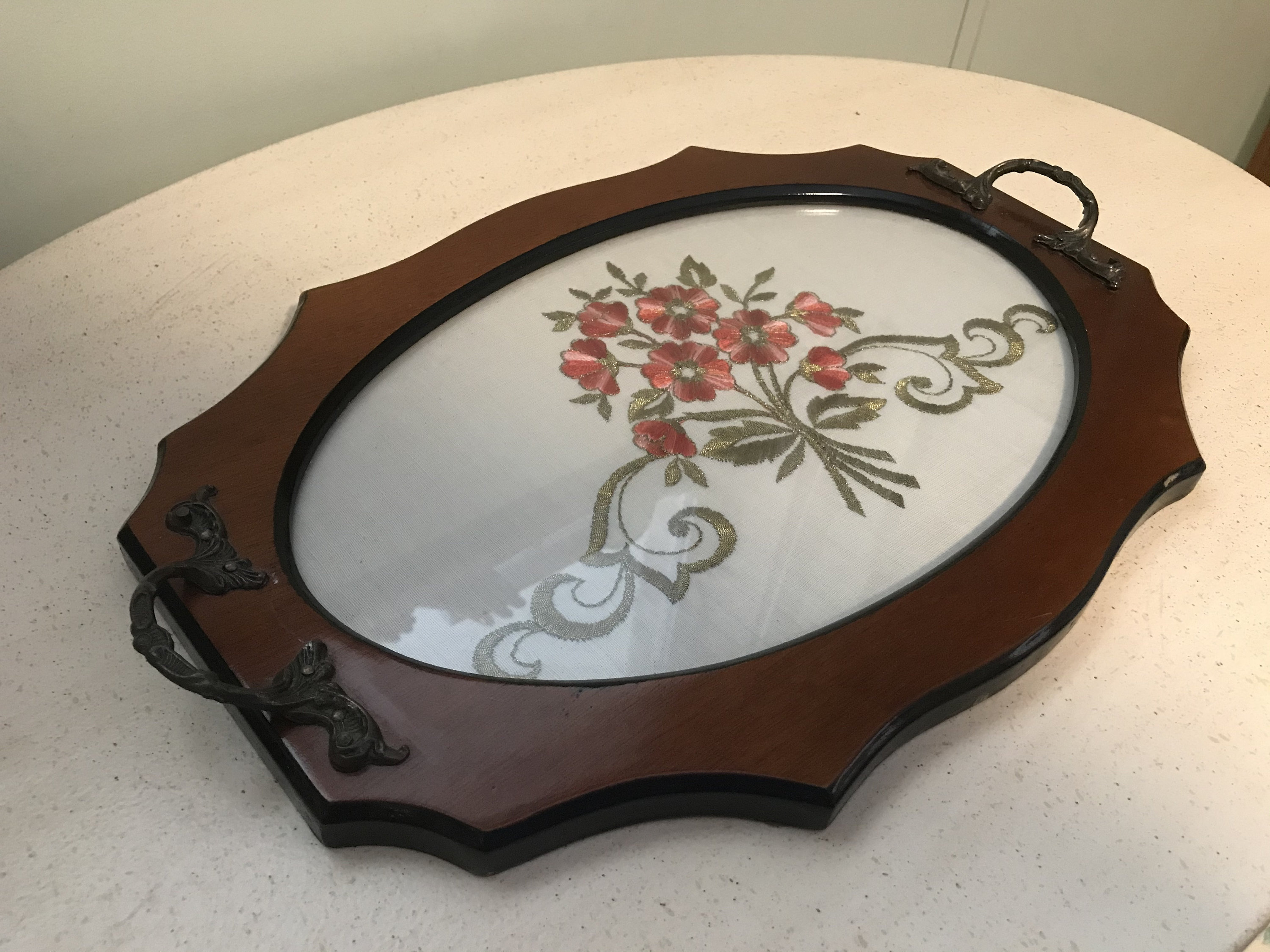 Wood Tray Glass Top Floral Bouquet Embroidery Inset Handled Etsy