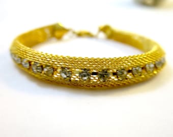 Gold Mesh Bracelet Channel Set Clear Glass Rhinestones 7 Inches Vintage 1990's Fashion