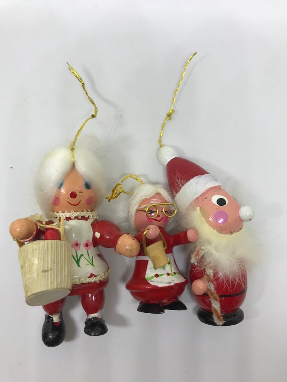 3 Wood Christmas Ornaments Mrs Santa Claus Bearded Elf Ornaments
