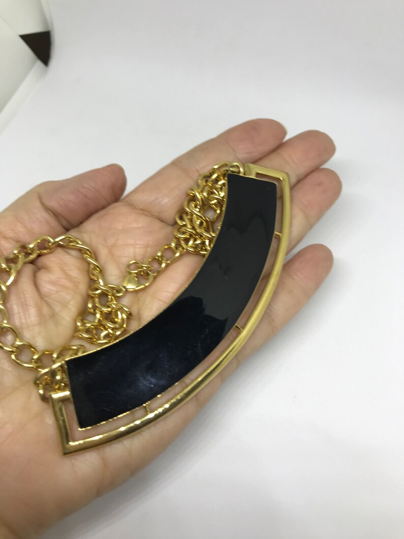 Monet Choker Necklace Black Enamel Curved Bar Panel w/ Openwork Gold Frame Pendant Vintage 1980's Fashion Gold Curb Chain Necklace 18 inches image 8