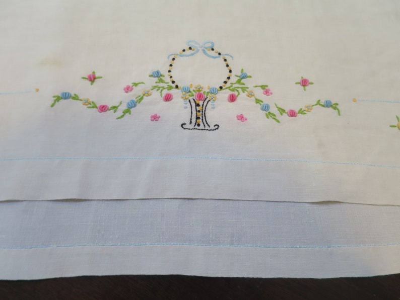 Flower Basket Linen Tea Towel Pink Blue Yellow Floral Hand Embroidery Fine Linen Dish Towel 25 x 17 inches Vintage 1940's Kitchen Towel image 6