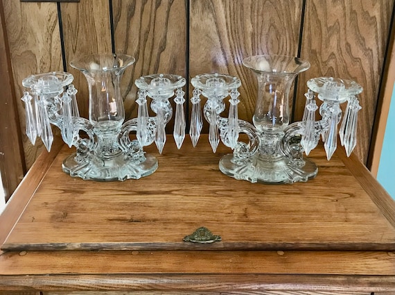 2 Glass Triple Candelabra W/ Hurricane Shades, Crystal Drops