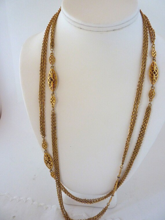 Gold Rope Necklace Openwork Beads Triple Strand Chain 54 Etsy