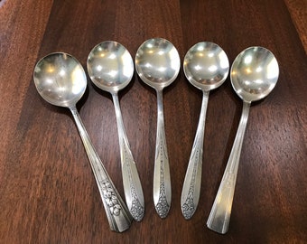 5 Vintage Silver Plate Round Soup Spoons, Mixed Patterns