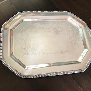 Silver Tea Tray w/ Handles, Rope Edge, Well, Chased Decoration 8 Sided 19.5" Rectangle Vintage 1930s Lehman Bros. NY Silver-plate on Copper