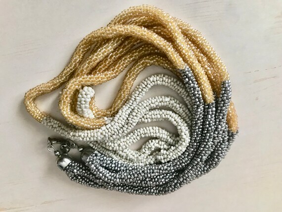 Seed Bead Necklace Gold, Silver, Beige, Triple St… - image 7