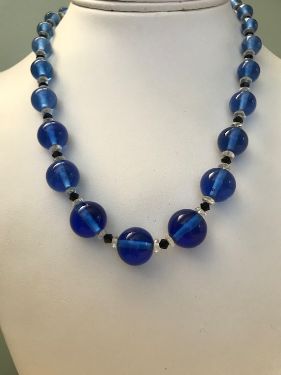 Cobalt Choker Vintage 1930s Glass Bead Necklace Graduated Round Beads w/ Crystal, Black Spacer Beads 15 inch Vintage 1920's-30's