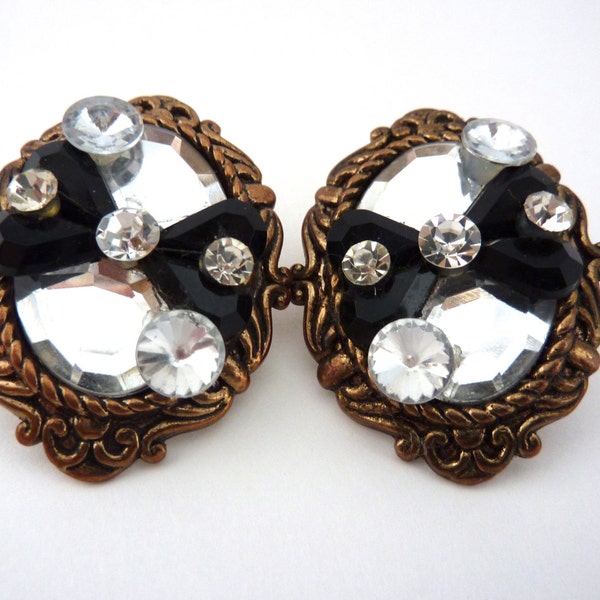 Big Bold Oval Mirror Earrings Baroque Assemblage Copper Finish Black Lucite + Rhinestones Large Vintage 1980s Pierced Post Earrings 1 3/4 in