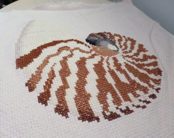 Vintage Nautilus Shell Cross Stitch, Brown & Gray Needlework (15.5" Square)