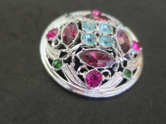 Round Domed Gem Brooch Glass Amethyst Emeralds Sa… - image 5