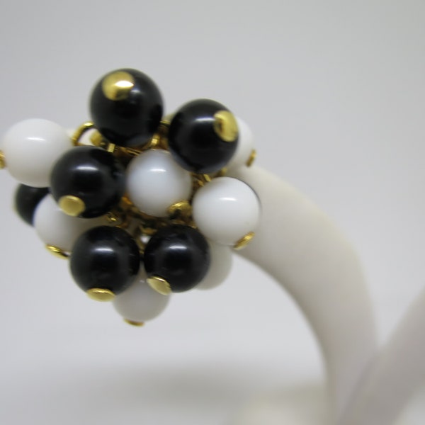 Napier Cha Cha Earrings Black White Beads Adjustable Clip Ons 1960's Vintage Bead Dangle Earrings Mid Century Fashion Jewelry
