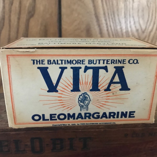 Vita Oleomargarine Box 1 lb Original Waxed Cardboard Container Baltimore Butterine Co. Vintage 1920's-30's Kitchen Display Collectible