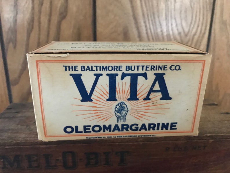 Vita Oleomargarine Box 1 lb Original Waxed Cardboard Container Baltimore Butterine Co. Vintage 1920's-30's Kitchen Display Collectible image 1