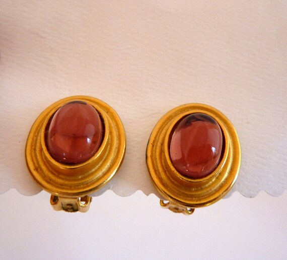Boucles D'oreilles Vintage Clips - Cabochon Lucite Rose Lumineux - Laiton - G6