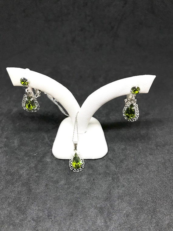 Green Teardrop Rhinestone Necklace & Earrings Sil… - image 6