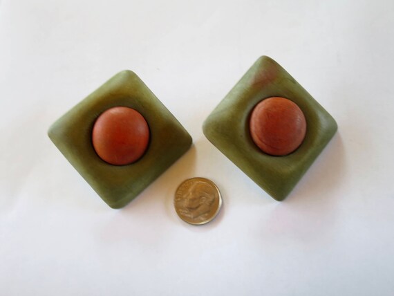 Green Brown Wood Earrings Domed Square Button Cen… - image 7