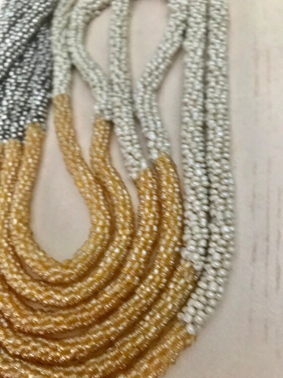 Seed Bead Necklace Gold, Silver, Beige, Triple St… - image 5