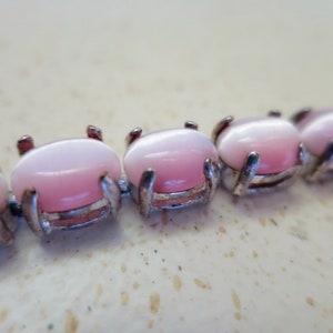 Pink Art Glass Link Bracelet Givre Pink White Oval Cabochon Stones Silver Finish 1970's Mid Century Avon Vintage Style .5 x 7.5 inches image 6