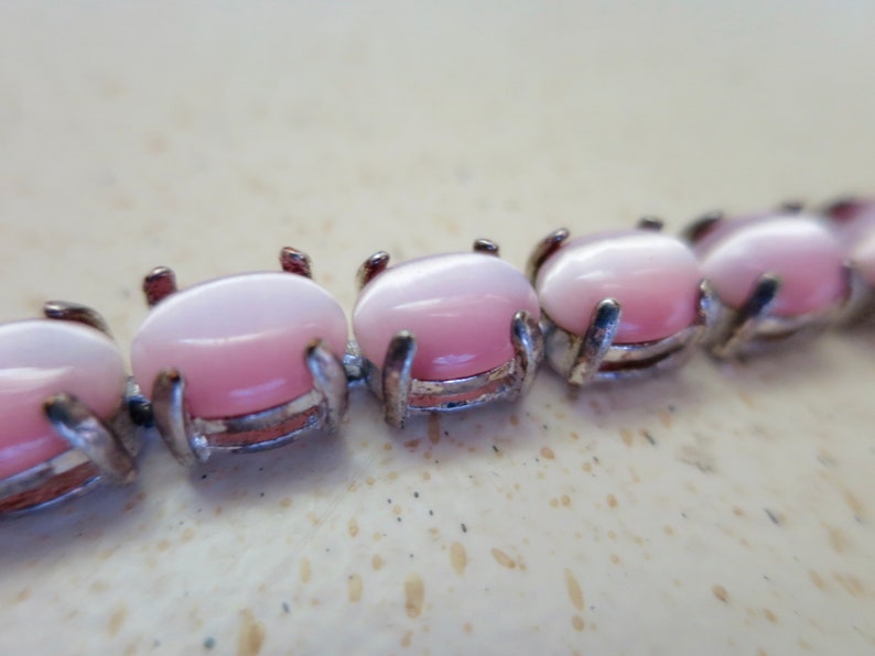 Pink Art Glass Link Bracelet Givre Pink White Oval Cabochon Stones Silver Finish 1970's Mid Century Avon Vintage Style .5 x 7.5 inches image 6