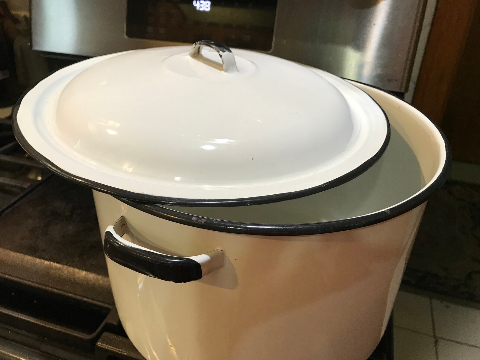 White Enamel Stock Pot 2 Gallon Black Trim Domed Lid Large 8 Etsy