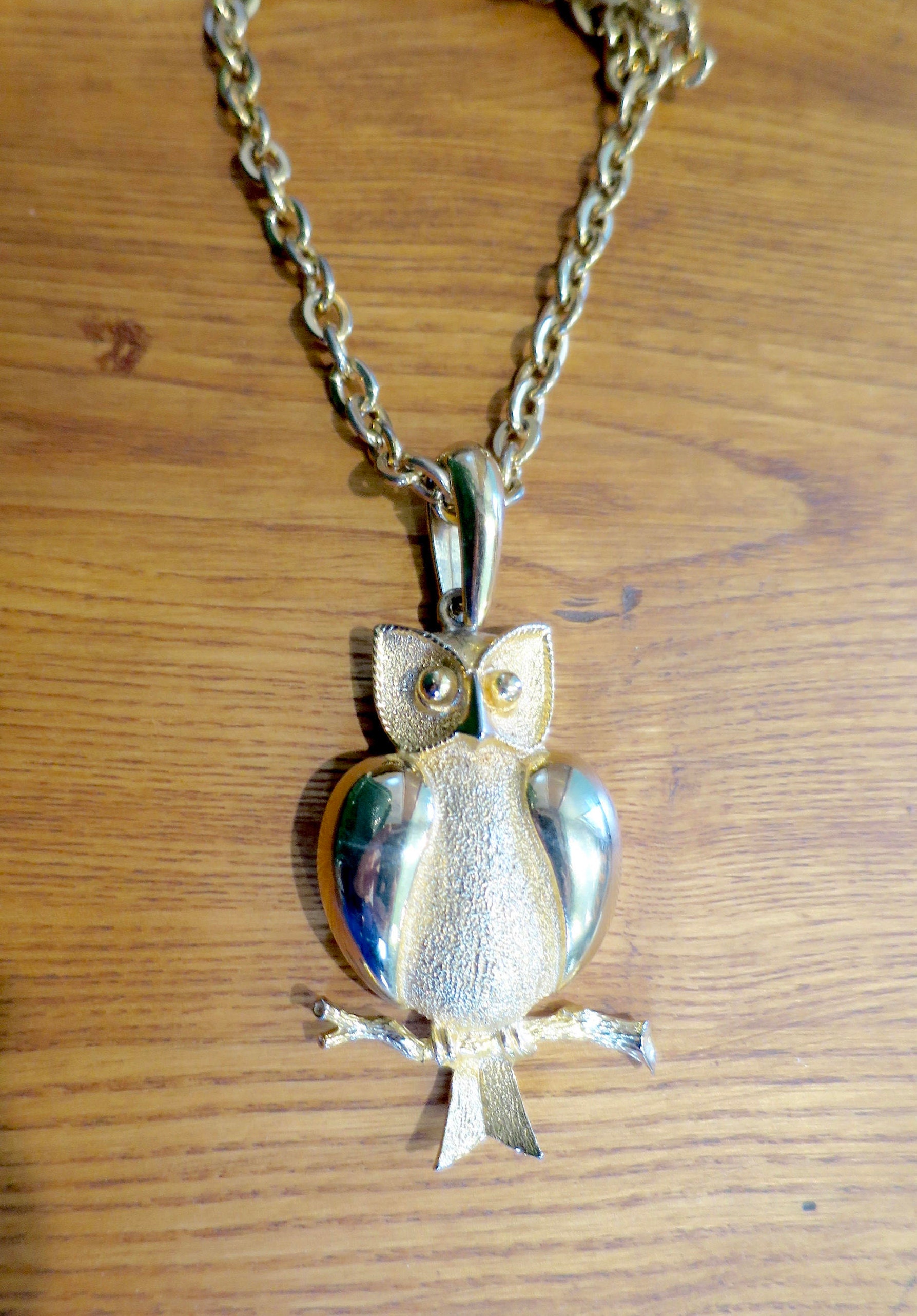 Owl Pendant Necklace Heavy Gold 24 inch Chain 3 inch Barn Owl on Branch Pendant Bohemian Vintage 197
