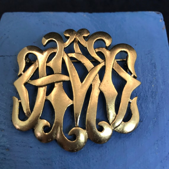 M. Jent Gold Monogram Style Brooch Intertwined Ri… - image 9