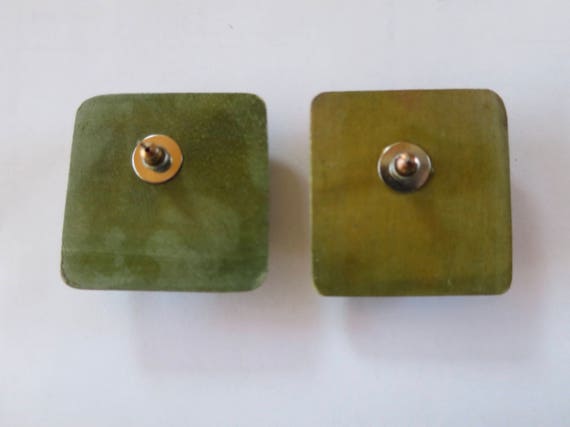 Green Brown Wood Earrings Domed Square Button Cen… - image 3
