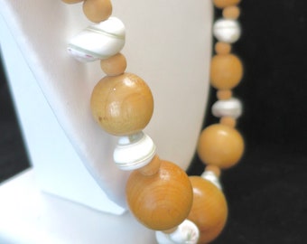 Wood Shell Bead Necklace Brown White Shell Beads Long Beach Casual Necklace 29 Inches Vintage 1980's Tropical Bohemian Fashion Style