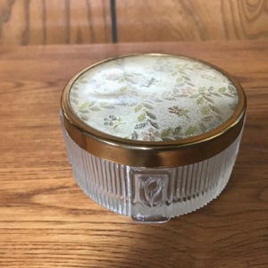 Vanity Powder Jar Clear Ribbed Depression Glass w/ Tulips Tapestry Look Gold Lid Vintage 1940&#39;s Boudoir Trinket Jewelry Box