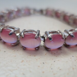 Pink Art Glass Link Bracelet Givre Pink White Oval Cabochon Stones Silver Finish 1970's Mid Century Avon Vintage Style .5 x 7.5 inches image 1