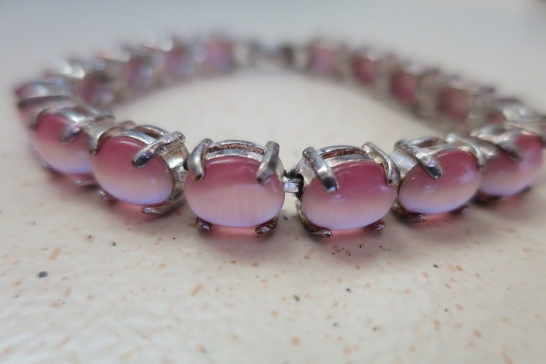 Pink Art Glass Link Bracelet Givre Pink White Oval Cabochon Stones Silver Finish 1970's Mid Century Avon Vintage Style .5 x 7.5 inches image 1