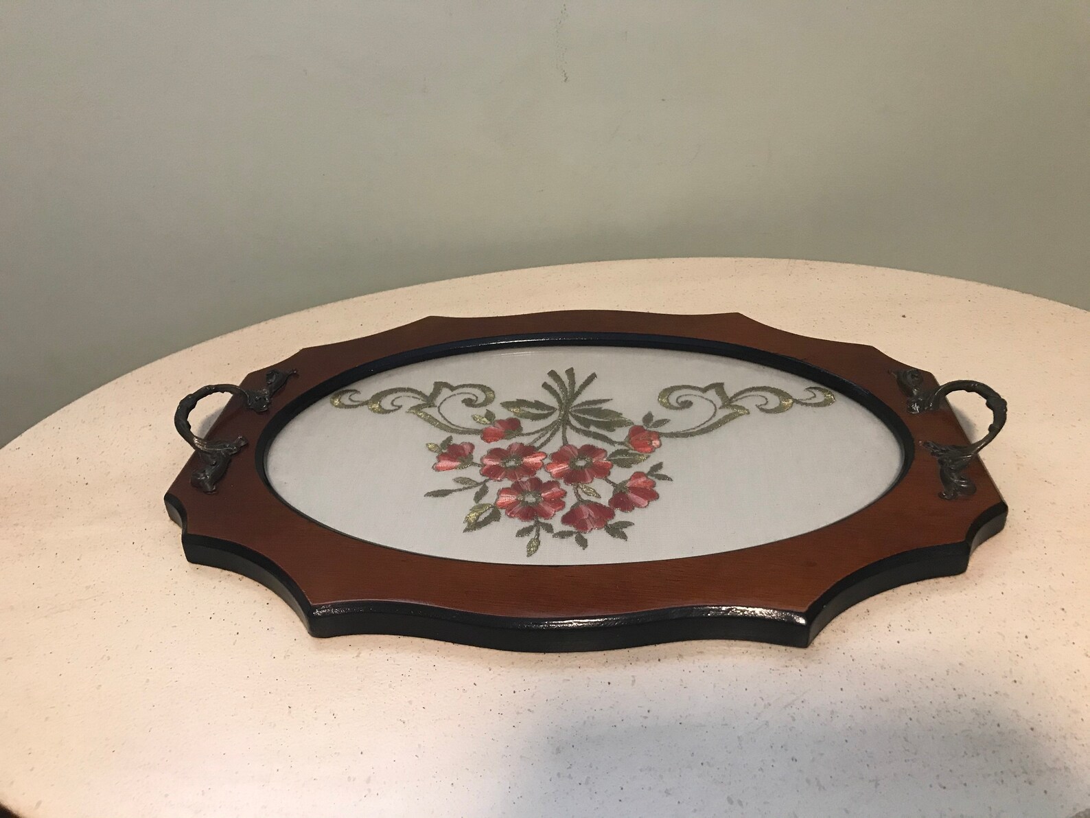 Wood Tray Glass Top Floral Bouquet Embroidery Inset Handled Etsy