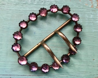 Amethyst Sash Buckle One Brass Buckle w/ Purple Glass Stones 1920&#39;s  Antique Dress Accessory Flapper Dress Sash Pin