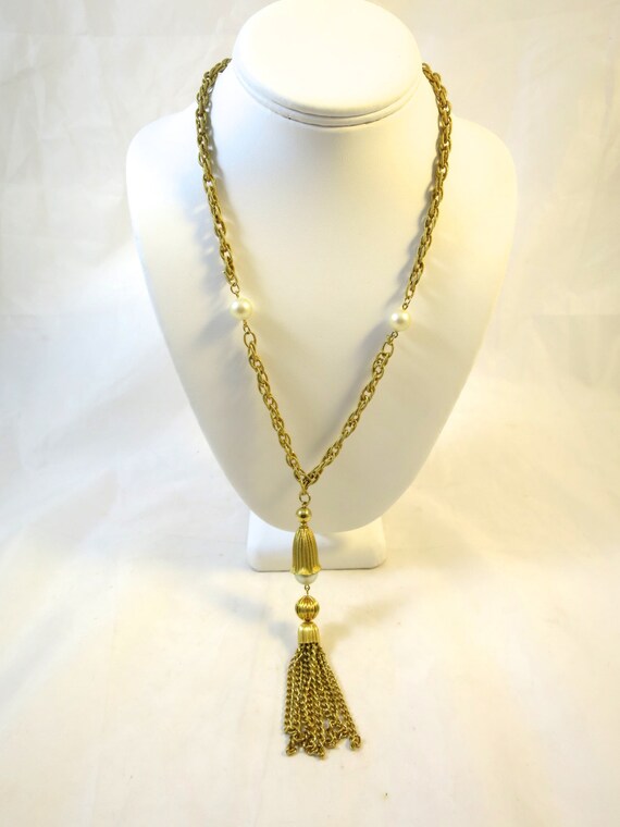 Gold Tassel Necklace Pearl Drop Pendant w/ Chain … - image 2