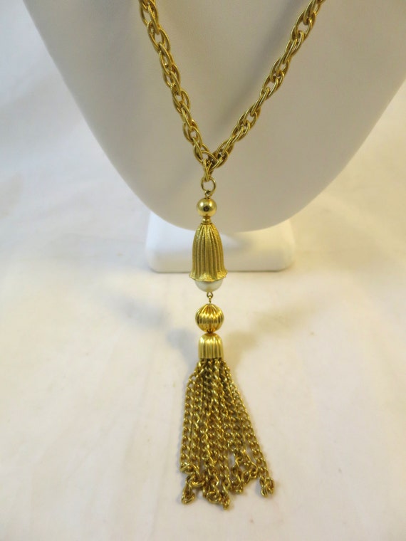 Gold Tassel Necklace Pearl Drop Pendant w/ Chain … - image 3
