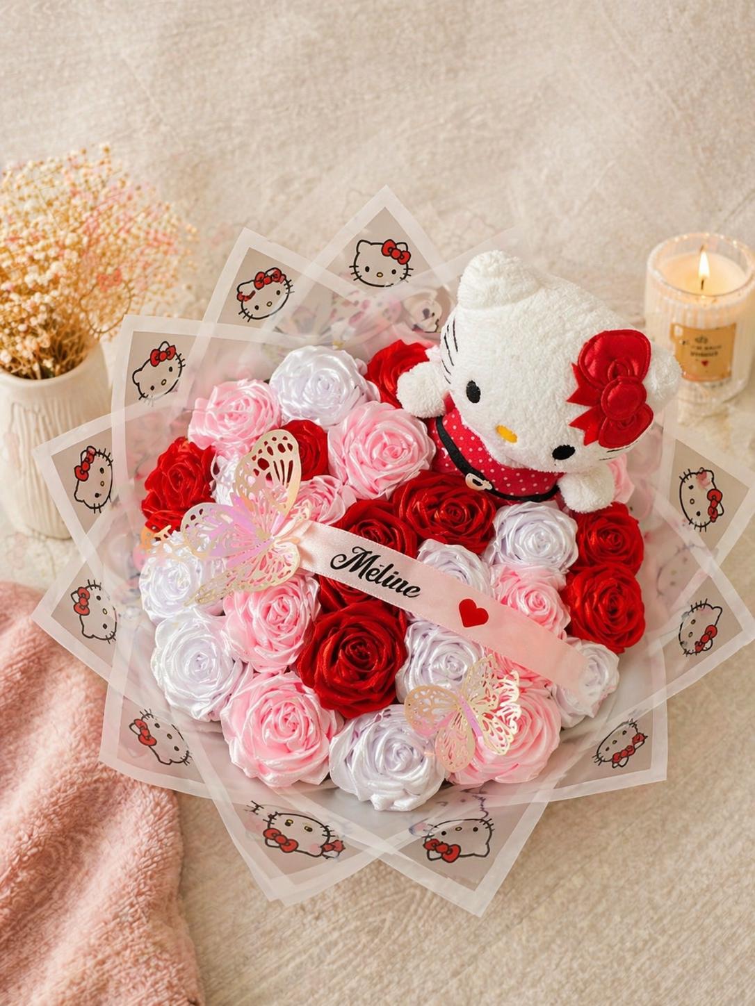 Bouquet of Eternal Satin Roses and Hello Kitty Plush Toy, Personalized ...