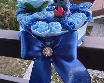 Stitch Floral Arrangement with Eternal Satin Rose, Unique Gift, Pleasures of Giving, Birthday, Valentine's Day, Mother's Day